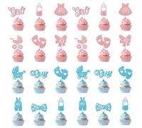 RIIRCSGE 24 Pack Boy or Girl Cupcake Toppers, Footprint Baby Bottle Bow Tie Shower Cake Decorations, Pink or Blue Baby Cake Topper, Shower Party Supplies and Decoration for Gender Reveal