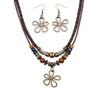 RIIRCSGE 3 Pcs Multi Layer Wood Bead Necklace With Hollow Flower Earrings, Boho Hippie Necklace for Women, Creative and Minimalist Accessories, Vintage Summer Jewelry Gift for Women Men