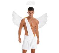 Riismen 3Pcs Men's Halloween Angel Cosplay Costume Cupid Skirted Bodysuits with Feather Angel Wings And Hair Hoop Set White L