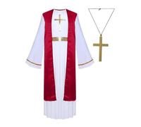Riismen Boys Girls Church Priest Costume Set Long Sleeve Bell Maxi Gown with Cross Necklace Burgundy 15-16 Years