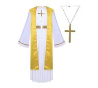 Riismen Boys Girls Church Priest Costume Set Long Sleeve Bell Maxi Gown with Cross Necklace Light Yellow 7-8 Years
