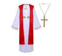 Riismen Boys Girls Church Priest Costume Set Long Sleeve Bell Maxi Gown with Cross Necklace Red 7-8 Years