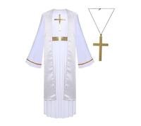 Riismen Boys Girls Church Priest Costume Set Long Sleeve Bell Maxi Gown with Cross Necklace White 13-14 Years