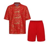 Riismen Child Boys Girls Traditional Tang Suits Chinese Style Button Down Short Sleeve T Shirts with Pants Red H 5-6 Years