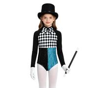Riismen Girls 4 Pieces Checkerboard Bow Tie Shiny Sequins Bodysuit and Magic Wand Set with Top Hat Gloves Black Blue 9-10 Years
