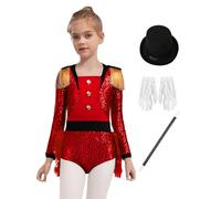 Riismen Girls Circus Show Ringmaster 4 Piece Costume Sequined Long Sleeve Jumpsuit Feather Hat Accessories Red 11-12 Years