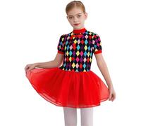 Riismen Girls Clown Party Costume Rainbow Printed Mock Short Sleeve Leotard with Tulle Skirt Red 5-6 Years