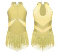 Riismen Girls Glittery Ballet Dance Latin Jazz Fringed Dress Keyhole Back Tassel Leotard Bodysuit Figure Skating Costume Yellow 13-14 Years