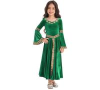 Riismen Girls Renaissance Maiden Costume Medieval Princess Velvet Long Maxi Dress Ball Gown Green 9-10 Years