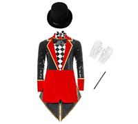 Riismen Girls Ringmaster Costume Deluxe 4 Piece Set with Sequins Long Sleeve Leotard Tailskirts Black 5-6 Years