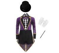 Riismen Girls Ringmaster Costume Deluxe 4 Piece Set with Sequins Long Sleeve Leotard Tailskirts Purple 5-6 Years