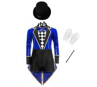 Riismen Girls Ringmaster Costume Deluxe 4 Piece Set with Sequins Long Sleeve Leotard Tailskirts Royal Blue 5-6 Years