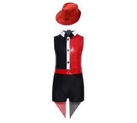 Riismen Kids Girls Circus Magician Costume 2 Pcs Set Sequins Sleeveless Bodysuit and Tailcoat With Hat For Party Red 5-6 Years