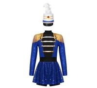 Riismen Kids Girls Drummer Majorette Costume Sequins Marching Band Uniform Dance Dress with Hat Blue 11-12 Years