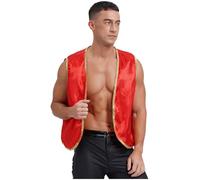 Riismen Mens Arab Fairytale Waistcoat Open Front Sleeveless Gold Trim Desert Prince Stage Clubwear Burgundy 3XL
