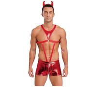 Riismen Men's Metallic Shiny Bodysuit Devil Horn Headwear Muscle Boxer Shorts Mankini Halloween Red M