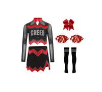 Riismen Musical Festival Cheer Leader Costume for Girls 5 Piece Set with Long Sleeve Crop Top and Skirt Red 15-16 Years