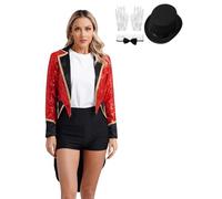 Riismen Women Circus Ringmaster Costume Shiny Swallow-Tailed Coat Lion Tamer Ringleader Costume Red M