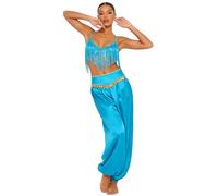 Riismen Women Dancing Performance Wear Tribal Belly Dance Top And Pants 2 Pcs Set Oriental Bellydance Outfit Blue S
