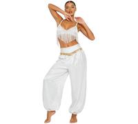 Riismen Women Dancing Performance Wear Tribal Belly Dance Top And Pants 2 Pcs Set Oriental Bellydance Outfit Silver L