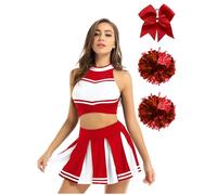 Riismen Women Teen Cheer Leader Costume Dress & Pom Poms & Bow Hair Tie High School Cheerleading Uniform Outfit Red M
