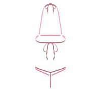 Riismen Womens No Coverage Micro Bikini Lingerie Lace-up Bra Top And T-back Thong 2pcs Nightwear Pink One Size