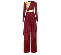 Riismen Women's Worship Praise Dance Dress Bi Color Tunic Overlay With Wide Baggy Trouser Rave Festival Dancewear Burgundy XL