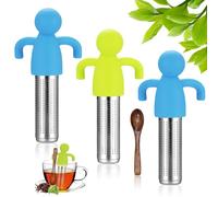 Riisoyu Set of 3 Creative Humanoid Tea Strainers, Cute Fine Mesh Stainless Steel Filter with Silicone Lid and Spoon Funny Infuser for Loose Tea Spice Coffee for Cups and Teapots Green Blue