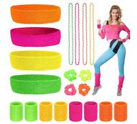 Riisoyu Sweatband Set of 80s, 20 Pieces Neon Sweatband 80s Accessories Sports Headband Bracelet Set Colourful Women's Sports Bracelet Absorbent Sweatbands with Necklace