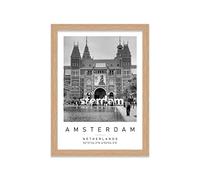 Rijks Museum Travel Print Amsterdam Wall art Black and white Poster A5 Print in Oak Effect frame 20 X 24.5cm (7x9.6inch)