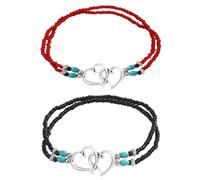 RIJXU 2PCS Beaded Anklets for Women with Silver Double Heart Stretch Elastic Ankle Bracelets for Women Summer Boho Jewelry, L, Alloy, Rhinestone