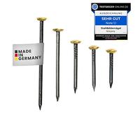 RIKAMA® 100 Picture Nails, Steel Nails for Use on Concrete, Brick, Plaster & Wood, Hardened Steel Nails as Picture Hanging, Made in Germany (Gold with Holder, Mix of 100)
