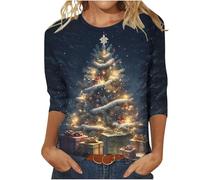 RIKAY 3/4 Sleeve Tops for Women UK Clearance Christmas T Shirts Women Funny Novelty Sweater Tunic Blouse Light Up Christmas Tree Plus Size Xmas Pullover Crewneck Shirts Christmas Sweatshirt