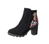RIKAY Chunky Ankle Boots for Women Sale Suede Embroidered Boots Ladies Boots Platform High Heels Mid Calf Boots Fashion Casual Shoes Boots Classic Print Vintage Slouch Anti-Slide Bootie