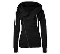 RIKAY Hooded Fleece Jacket Women Diagonal Zipper Long Sleeved Coat Solid Color Slim Fit Drawstring Hoodies Sweatshirt Jumper Autumn Winter Warm Outwear Pullover Hoody UK Size 8-16 Black