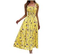 RIKAY Party Dress Boho Dresses for Women UK Boho Cami Spaghetti Strap Dress Summer Floral Sundress Sleeveless Tie Shoulder Y2K Beach Dress Ladies Party Cocktail Flowy Maxi Dress Yellow