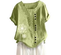 RIKAY Summer Linen Tops for Women UK, Bohemian Boho Tops Short Sleeve Linen Tops Crewneck Blouse Oversized Shirts Loose Plus Size Tunic Tops Casual Solid Elegant Baggy Tshirt