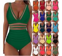 RIKAY Swimming Costume Women Plus Size, Tummy Control Swimwear, See Throught Bathing Suit Sexy Mesh Lace Swimwear Straps Ruched Swimsuits Bikini Bottoms High Waist Vintage Monokini Army Green