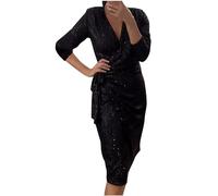 RIKAY Women Sequin Shrugs Dress Lantern Sleeve V-Neck Belt Glitter Maxi Dress Petite Bodycon Dress Elegant Evening Gown Dress Cocktail Dress Plus Size Wedding Guest Evening Dinner Party Club Dress