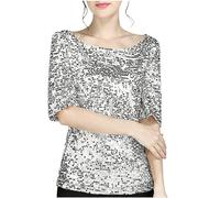 RIKAY Women Shimmer Sequin Sparkly Festival Party Shirt and Blouse Womens Short Sleeve Cowl Neck Shining Glitter Top Tee Shirts Pullover UK Plus Size 8 22 Silver