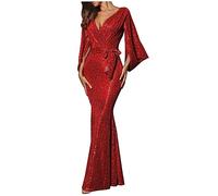 RIKAY Women's V-Neck Sequin Mermaid Evening Dress - Sparkly Long Sleeve Wrapped Maxi Evening Dresses, Dinner Party Club Night