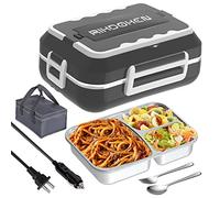 RIKDOKEN 60W Faster Heat Electric Lunch Box Heater for Car Truck Work Home, 12V 24V 110V Portable Food Warmer with 1.5L Stainless Steel Container, Leak-Proof Lunch Heater with Bag, Spoon, Fork