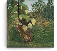 Rikin Liuff Henri Rousseau《Fight Between A Tiger And Buffal》Canvas Wall Art Henri Rousseau Poster and Prints Retro Painting for Home Decor 40x40cm No Frame