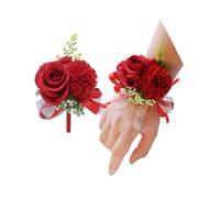 Rikyo 2 Pack Flower Wrist Corsage Boutonniere Set,3" Artificial Rose and Carnation Handmade Silk Flower for Wedding Flowers Accessories Prom Suit Decor (Red)