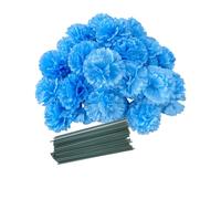 Rikyo 50 Artificial Silk Carnation Flower Head with Stems Set,Vase Fillers for Bridal Wedding Party Birthday Cake Ornaments,DIY Wrist Corsage, 3" Multiple Petals Heads & 8" Stems (Light Blue)