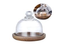 Rikyo Glass Dessert Dome with Wood Base,Mini Cake Stand,Cake Plate Wooden Plates with Dome,Fruit Display Server Tray for Kitchen,Wedding,Appetizer Dessert and Cheese Serving Stand (Round-3.25")