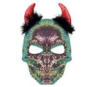 RILACON Color-Shifting Sequin Devil Skull Mask with Red Horns, Iridescent Demon Face Cover for Halloween Parties Shiny Cosplay Scary Mask for Adults