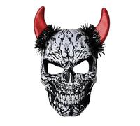 RILACON Skull Mask with Red Devil Horns, Scary Demon Face Cover Black&White Spooky Cosplay Mask for Adults Halloween Party Devil Costume Accessories (Black&White)