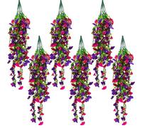 Rilcn 6 Pack Artificial Hanging Petunia Silk Flowers, Artificial Petunia Hanging Petunia Plants for Outdoor Home Decoration, Garden, Artificial Balcony Plants, 75cm Morning Glory, Pink & Purple