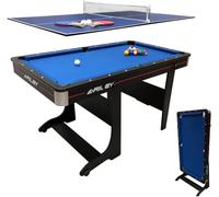 Riley 5ft Folding Pool Table - Supplied with Balls & Cues & Matching Table Tennis Top, Bats & Net - Vertical Folding Leg System for Easy Storage - Converts into Desk